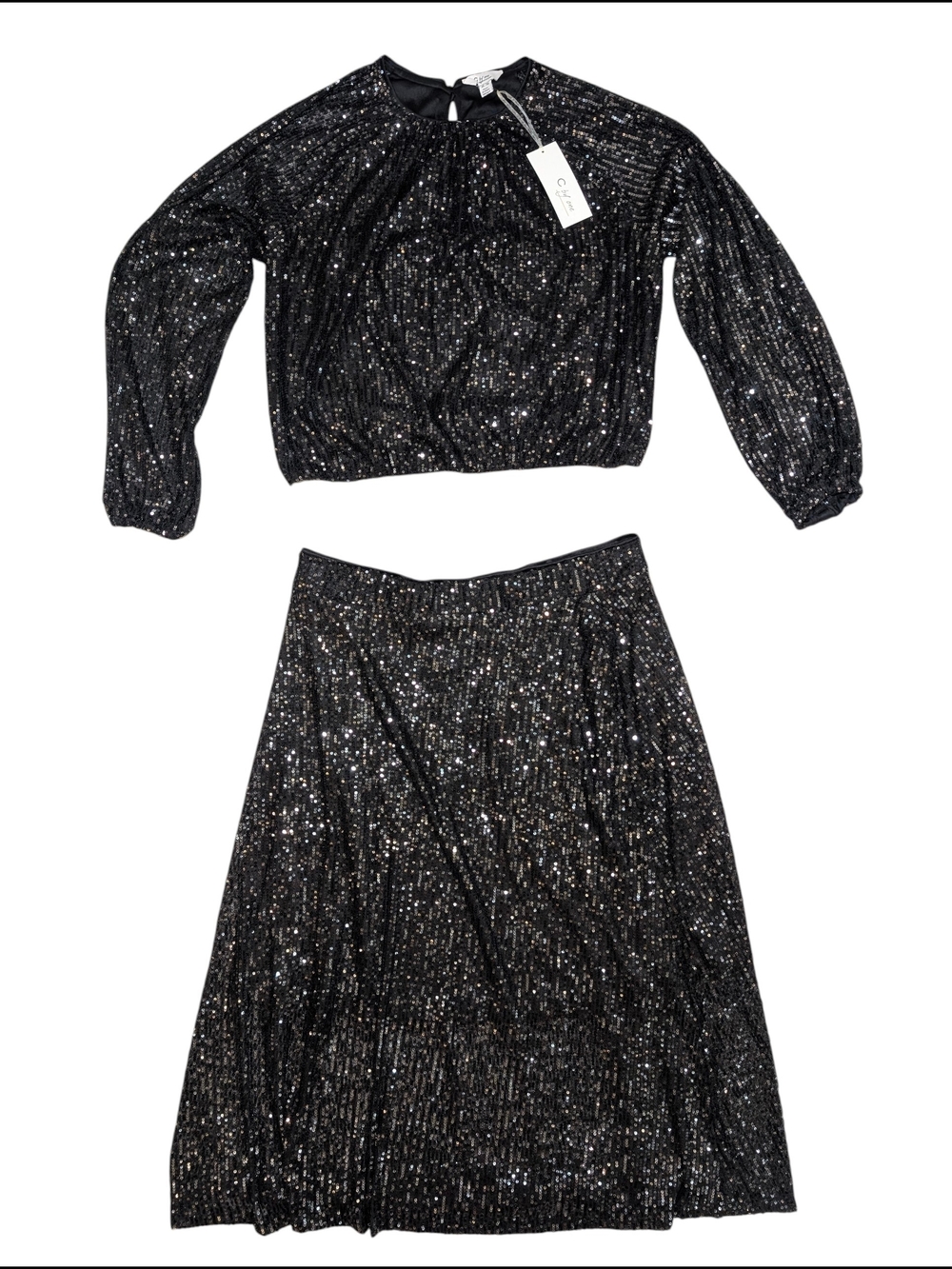 C by One XL Black Sequin Two-Piece Lined Skirt Crop Top Set Cocktails Party Glam